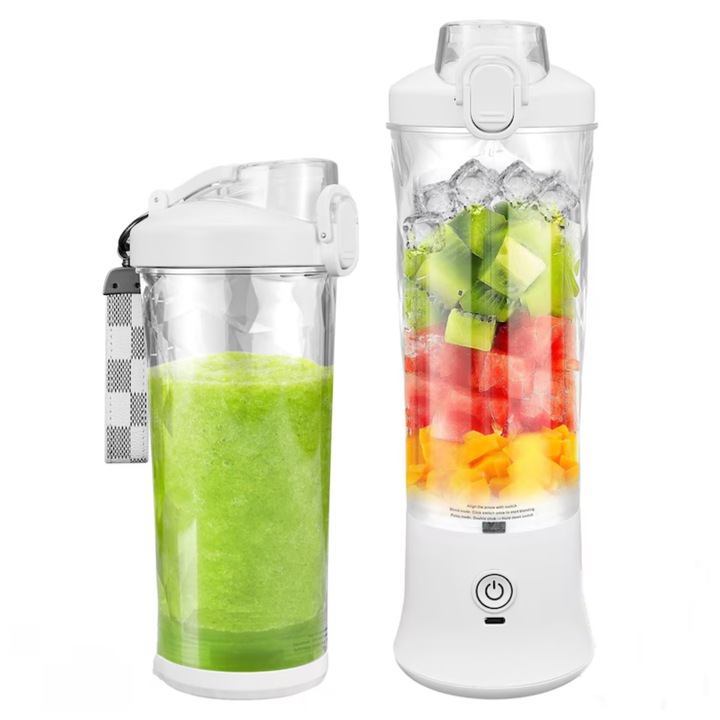 Mini Blender Electric Portabil, Bleksy®, Multifunctional, Autonomie Mare la Baterie, Reincarcabila prin USB-C, 4000mAh, Recipient Detasabil cu Capac, Fara BPA, Putere 150W, 600 ml, Alb