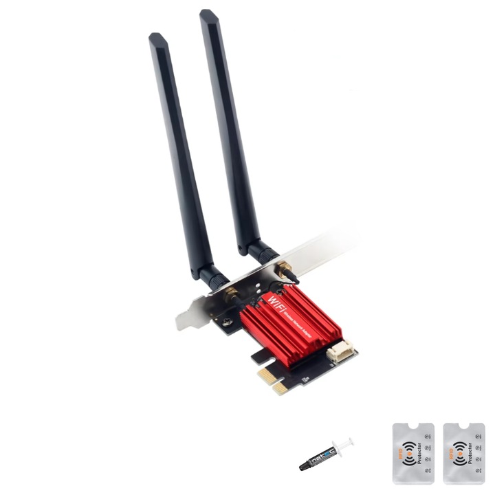 UnderShop, PCI-E AC1200 двулентова безжична мрежова карта + 2 Wi-Fi 5 антени, Bluetooth 4.0, настолен и лаптоп Windows 10/11 с NATEC THERMAL HUSKY 1G паста, 2 Rfid
