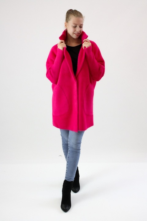 Palton clasic Marcela, fuchsia, lungime mai mare, cu buzunare, One Size INTL