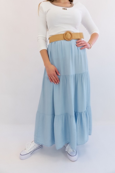 Fusta lunga maxi cu volane, albastru pudra, viscoza, One Size INTL