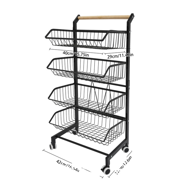 Konyhai tároló kocsi, négyszintes, tartós szénacél kivitel, fekete, 42x32x90cm