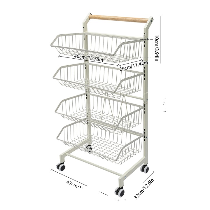 Konyhai tároló kocsi, négyszintes, szénacél kivitel, fehér, 42x32x90cm