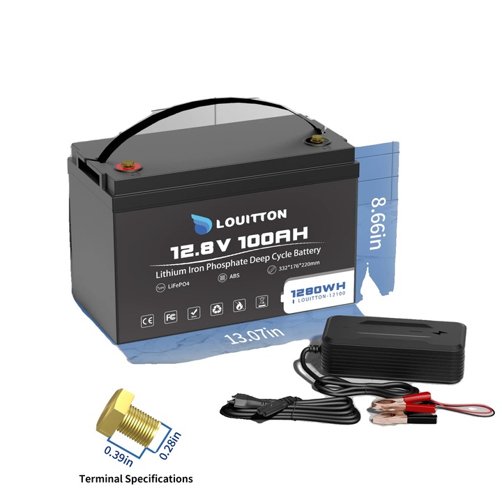 Батерия 12V 100Ah литиево-йонна фосфатна, 6000 цикъла, 200A разряден ток, 332x176x220mm, комплект със зарядно 7A