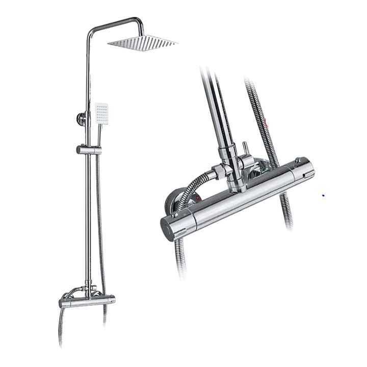 Set baterii de dus termostatice, cap de dus de 8 inch, doua manere, crom, 80-120cm, furtun de 150cm