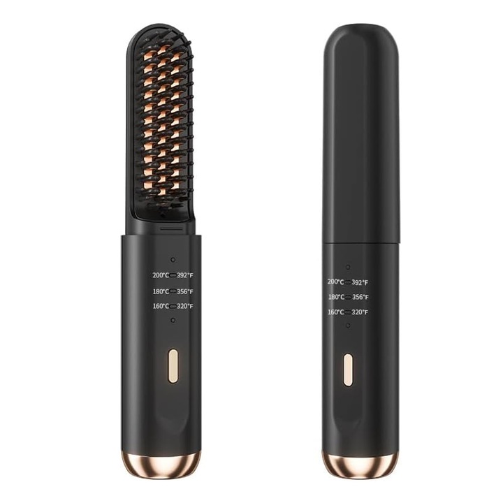 Perie de indreptat parul cu ioni negativi, tehnologie de incarcare rapida, design mini, negru