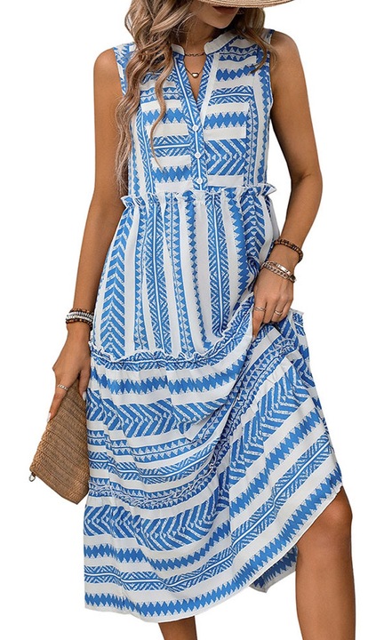 Дамска лятна рокля, QttvbTna, Коприна, Бяло/Синьо, Бял/Син