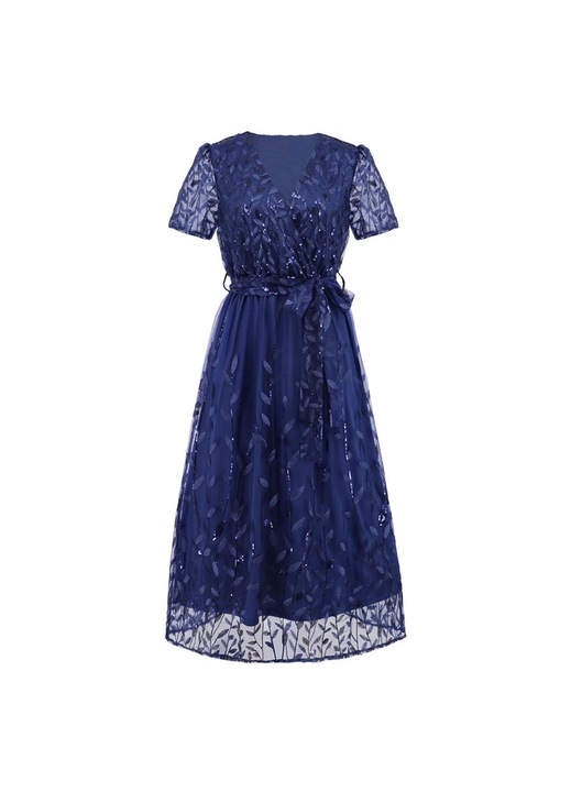 Jormftte Midi ruha, rövid ujjú, V-nyakú, tengerészkék, hímzett hálós anyagból