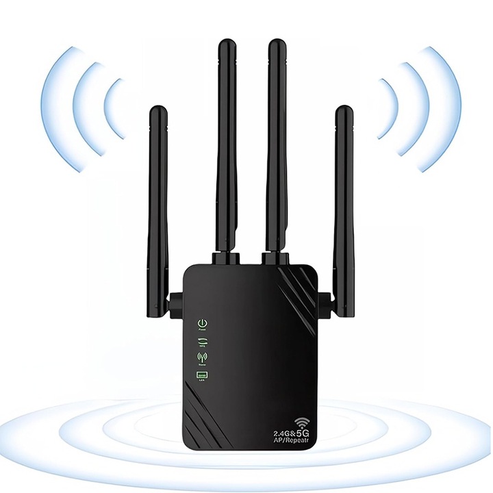 Amplificator WiFi, BOMSTOM, 1200Mbps, dual-band 5GHz si 2.4GHz, 4 antene, 80-100m²