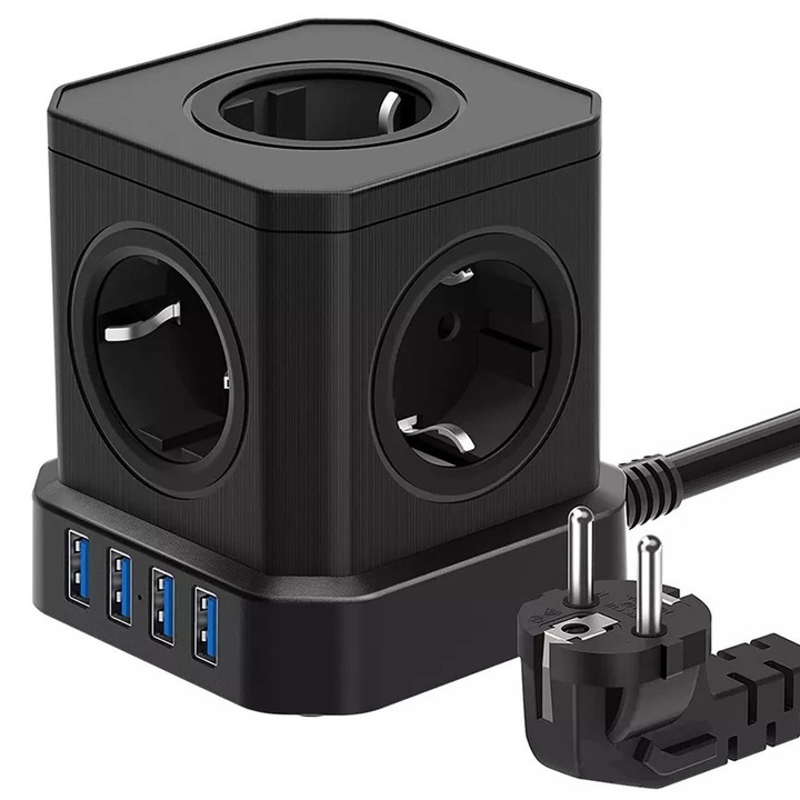 Удължител тип кула, Axroad Mall, 4 x USB порта/5 x AC контакта, 4000 W, превключвател за ВКЛ./ИЗКЛ., защита от деца, защита от пренапрежение, малък и преносим, 2M кабел, ABS/PC, 9 x 9 x 9,5 cm, черен