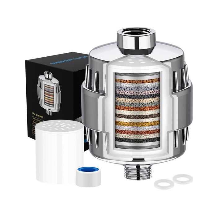 Filtru de apa de dus premium cu 20 trepte de filtrare, infuzat cu minerale si vitamina C, 1 filtru inclus in pachet, indeparteaza clorul, metalele grele si impuritatile