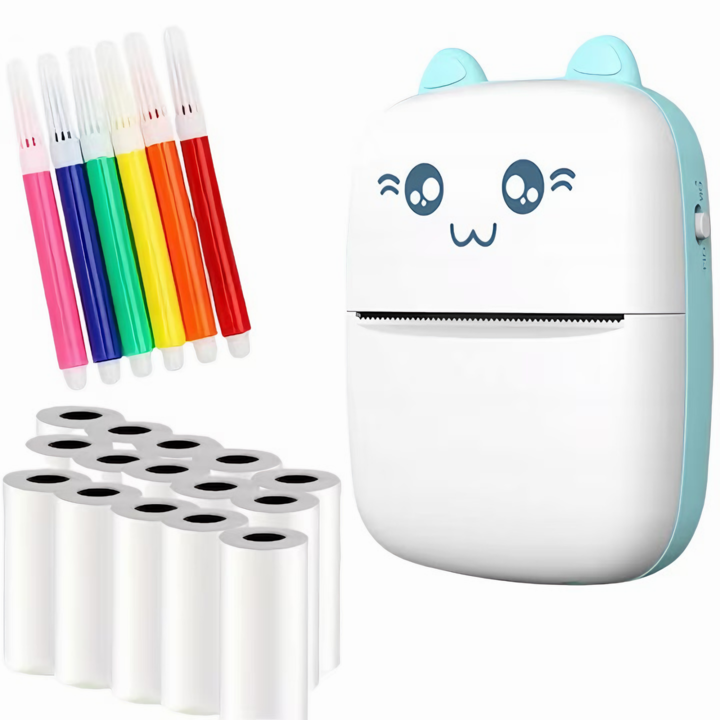 Mini hőnyomtató VarioShop, 15 tekercs hőpapírral, 5 nyílással, Bluetooth, iOS/Android kompatibilis, APP nyomtatás, 1200 mAh, macska modell kék fülekkel, 11x8x4 cm fehér/kék