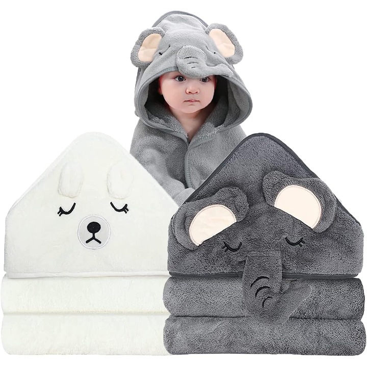 Set 2 Prosop de Baie cu Gluga pentru Bebelusi, Super Absorbant, Moale si Pufos cu Capison pentru Copii, 80X80 cm, Alb/Gri