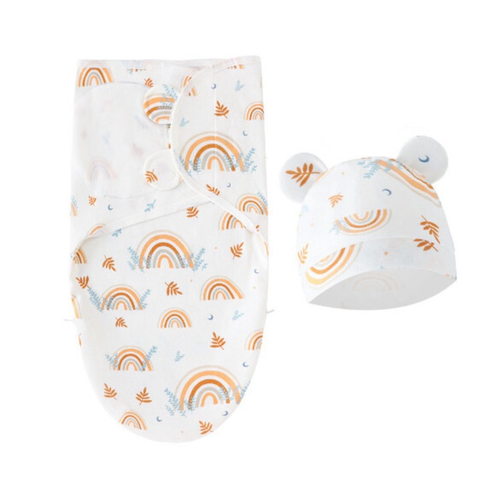 Set caciulita/paturica infasat, reglabil, bumbac 100%, model curcubeu, 0-3luni
