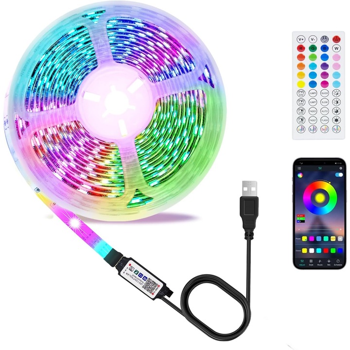 LED лента, RGB, 2 метра, Лепило, Bluetooth, Приложение за телефон, Дистанционно управление, Синхронизация на музика, Таймер, USB
