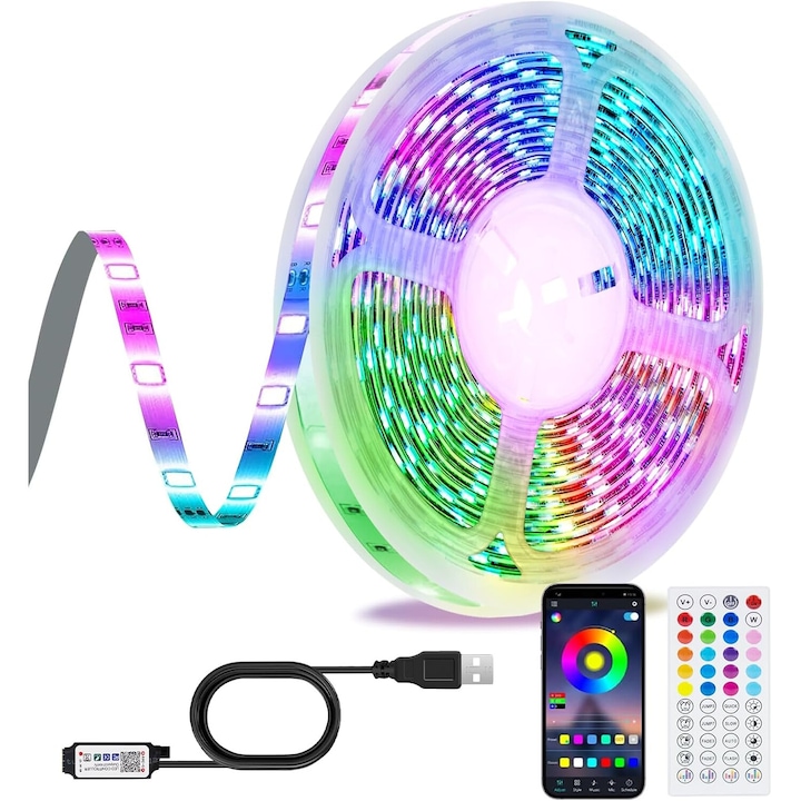 LED лента, 20 метра, Лепило, Bluetooth, Приложение за телефон, Дистанционно управление, Синхронизация на музика, Таймер, USB, RGB