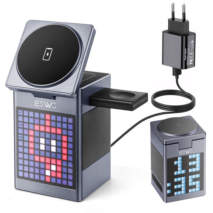 Vezeték nélküli töltő 6 az 1-ben, JESWO, 22 W, ezüst, 6,7x6,7x10,9 cm, Bluetooth hangszóróval és digitális órával