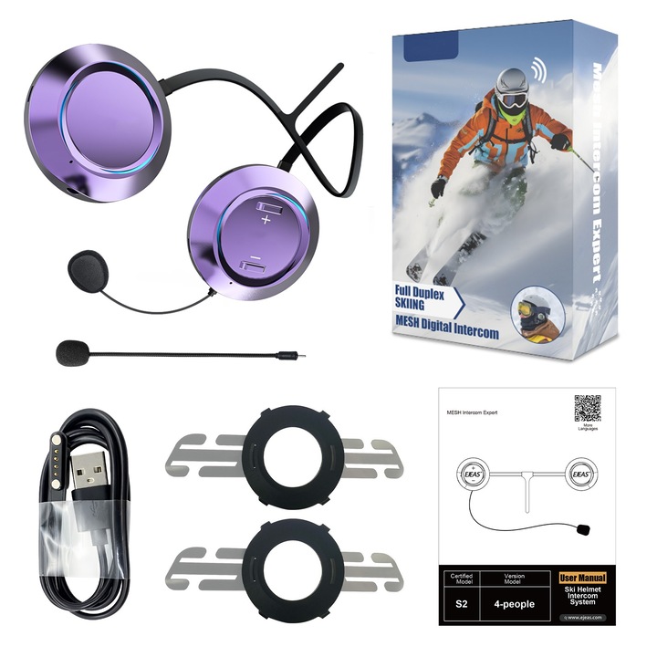 S2 Sísisak kommunikációs rendszer, EJEAS, walkie talkie bluetooth, Mesh 3, zenemegosztás, IP67, 4 felhasználó, 500mAh, távolság akár 1000m, -40°-tól 45°C-ig