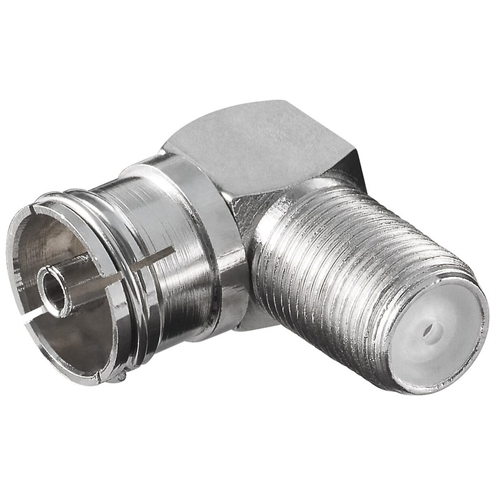 Adaptor unghiular, mufa F pentru cablu coaxial la 90°, argintiu