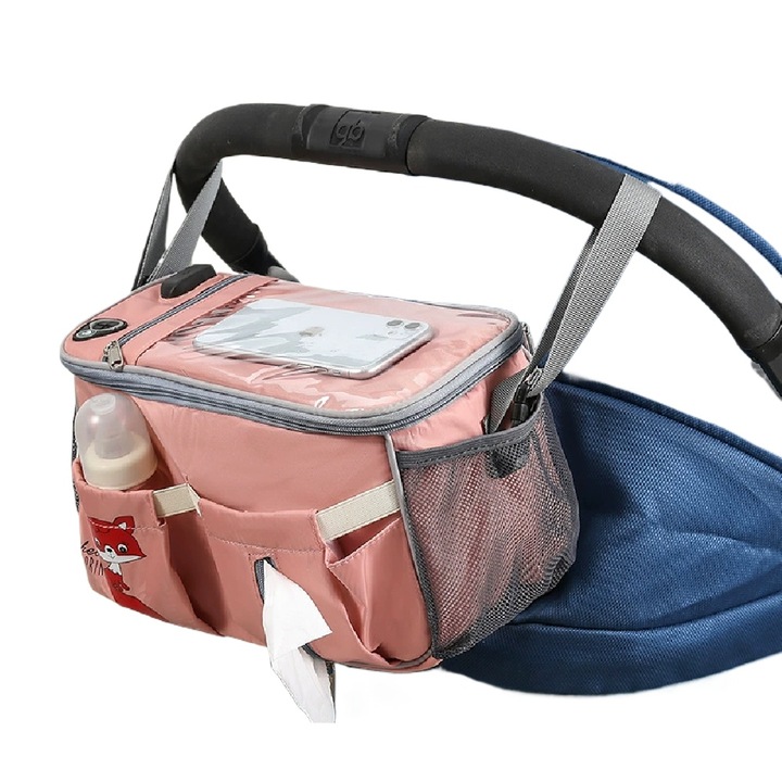 Wisolt babakocsi rendszerező táska, nagy kapacitású, rózsaszín, többfunkciós