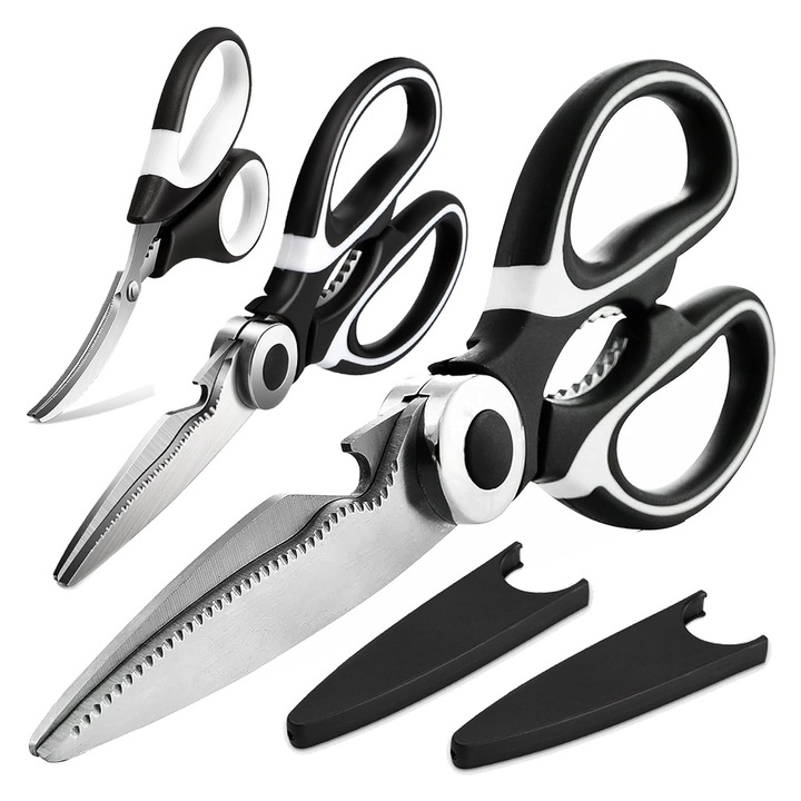 Foarfeca De Bucatarie, Axroad Mall, 3 bucati, Cu protectie lama, Lama Zimtata, Maner ergonomic antiderapant, Poate fi folosit ca deschizator de sticle si spart nuci, poate taia carne, peste si pasare, PP/Otel inoxidabil, Negru