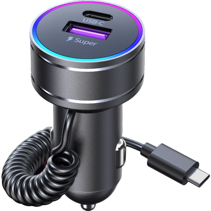 Autós töltő, 48W, HUNDA, gyors, tekercses kábel 1,5m, univerzálisan kompatibilis