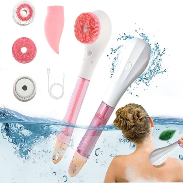 3 az 1-ben elektromos zuhanykefe, hámlasztás, tisztítás, masszázs, rózsaszín, 14 hüvelyk
