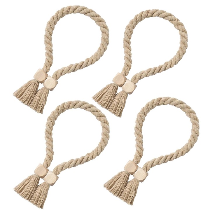Set 4 Magneti Decorativi Pentru Perdele, Hggzeg, Patrat, Usor de instalat si de utilizat, Anti-alunecare, Durabil, Pentru dormitor, living, bucatarie, Lemn/Bumbac, 60cm, Maro natural