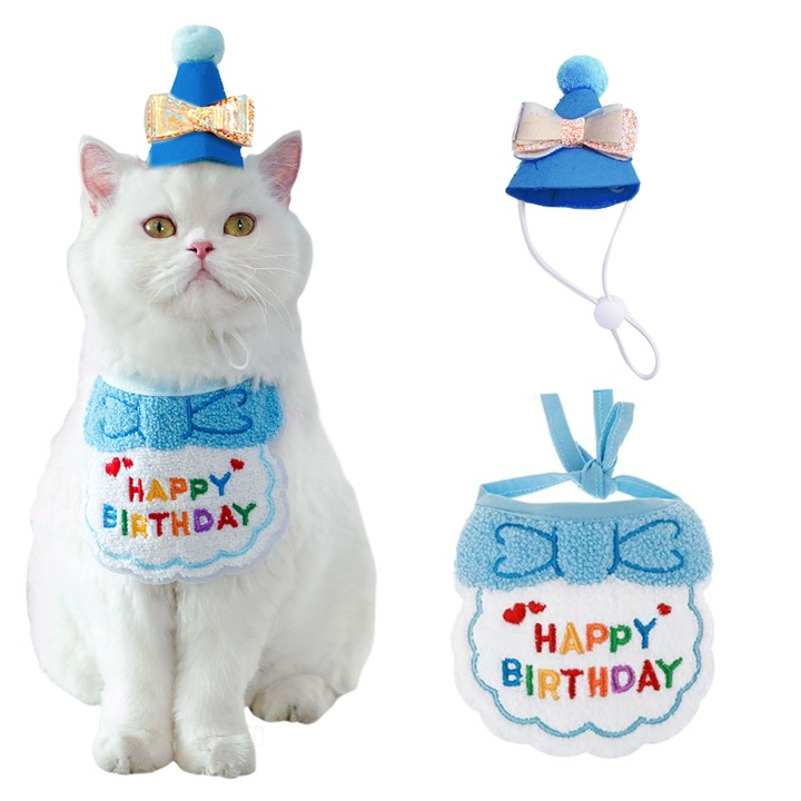 Bandana si palarie set accesorii petrecere aniversare pentru pisici si caini, papion, albastru