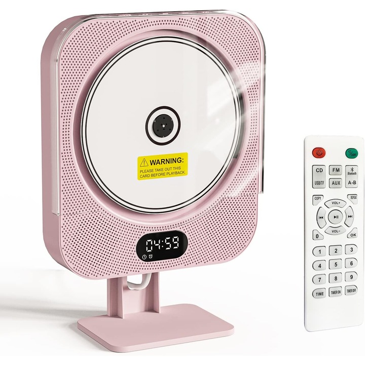 Мултифункционален преносим CD плейър, Hesasa®, Bluetooth, FM радио, 5W, USB/TF/AUX, Вградени високоговорители HiFi, таймер, дисплей, С дистанционно управление, розов