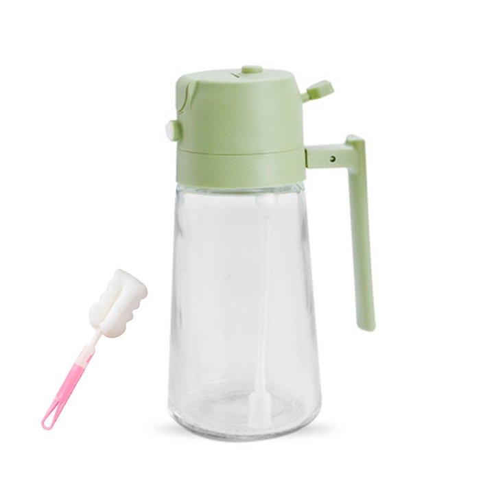 Pulverizator de ulei 2 in 1, Majurphy, pentru uleiuri, sosuri, compatibil cu toate lichidele, 470 ml, sticla de sticla, fund antiderapant, cu Perie de curatare, Verde