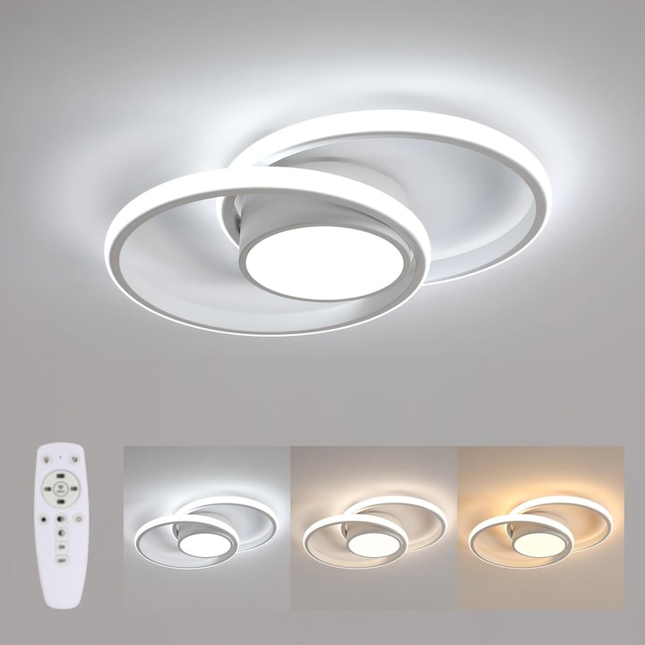 LED таванна лампа, Goeco, двойна кръгла, алуминий, бяла, 40W, 40×28.5см, безстепенно регулируема с дистанционно управление, 3000K-6500K