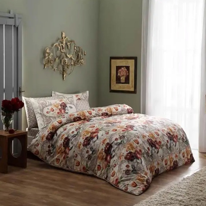 Dupla ágynemű, 100% szatén pamut, digitális nyomattal, 6 db, 240x260 cm, Tac Delux Digital, Sharon