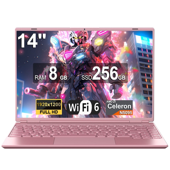 NOTODD Laptop 14" 8 GB RAM 256 GB SSD 1 TB bővítő Celeron N5095 (akár 2,9 Ghz), Win 11, mini multimédiás ventilátorporttal 1920 * 1200 FHD kijelző, kettős WiFi-rózsaszín