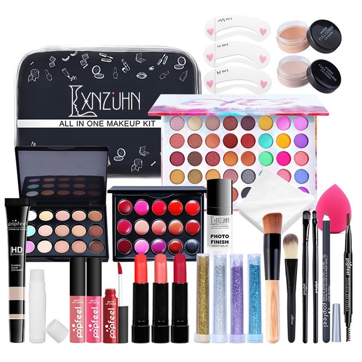 30 részes professzionális sminkkészlet, LXNZUHN®, tartalmaz szemhéjpúdert, alapozót, rúzst, ecsetet, kozmetikai táskát, 20x13,7x7cm