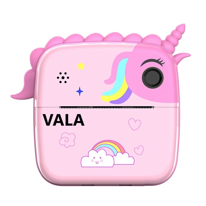 Детска камера за моментни снимки VALA A20, модел Unicorn, 50Mpx 1080P резолюция, две предни и задни камери, SELFIE функция, 2.4″ IPS HD цветен LCD дисплей, забавни рамки, фото филтри, включени 3 хартиени ролки, розов