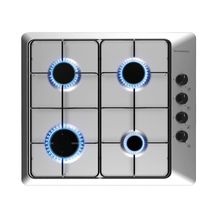 Schneider beépíthető gázfőzőlap, 60 cm, 4 égős, alacsony fogyasztású, elektromos gyújtás, zománcozott rács, forgókapcsolók, acél és zománc anyag, könnyen tisztítható, modern design, 3000 W, inox