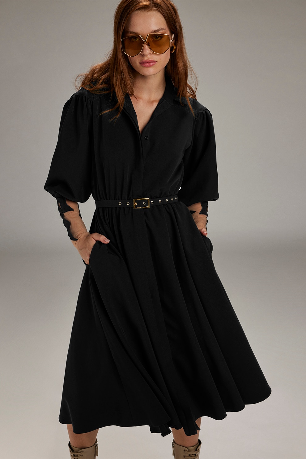 Alina Cernatescu, Rochie evazata cu decolteu in V, Negru, M