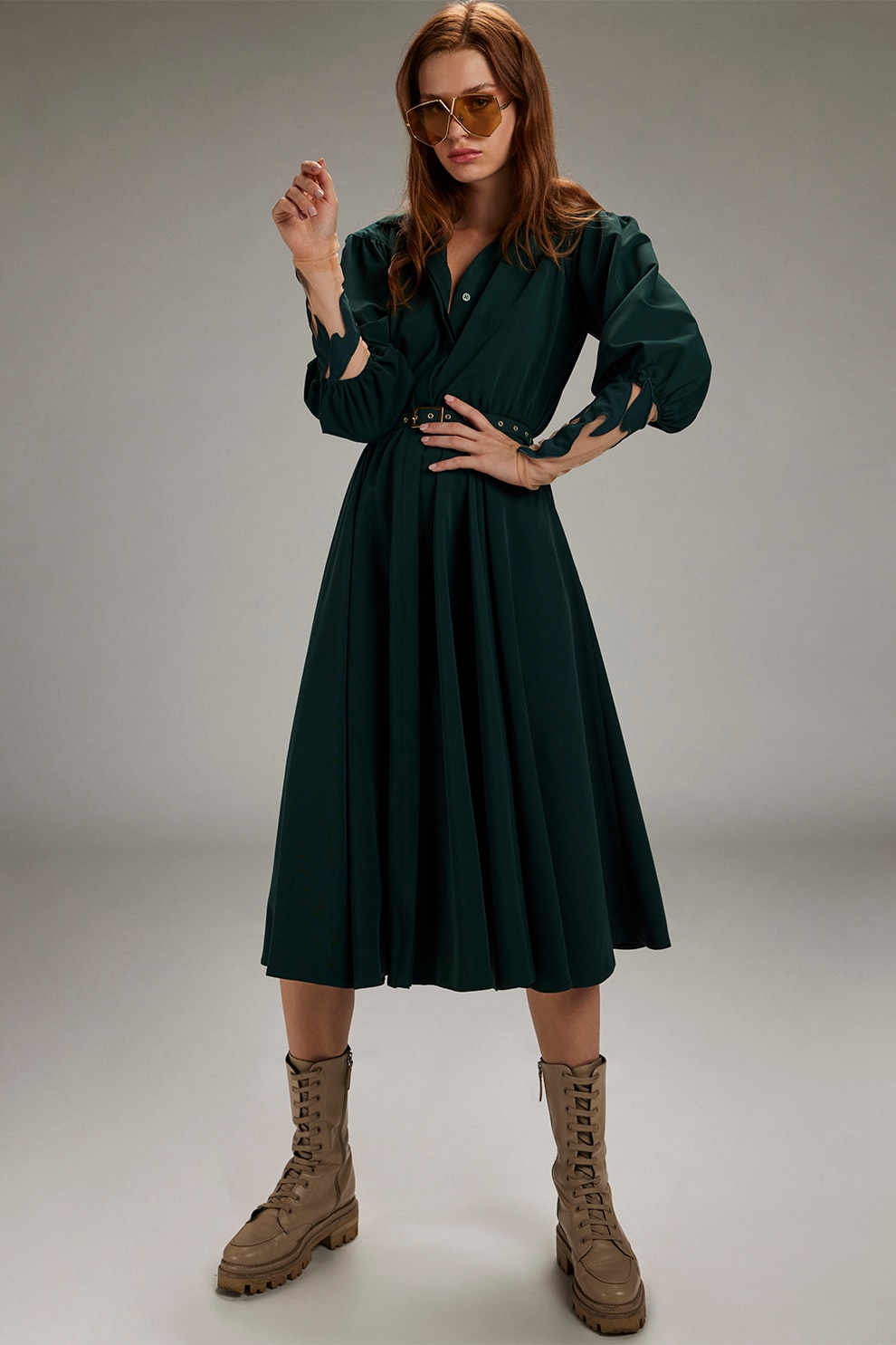 Alina Cernatescu, Rochie evazata cu decolteu in V, Auriu, Verde padure, S