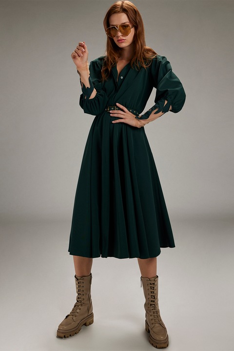 Alina Cernatescu, Rochie evazata cu decolteu in V, Auriu/Verde padure