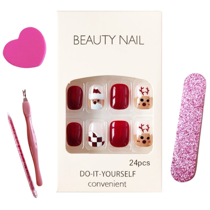 FanFox egyszínű műköröm szett, 24 db, karácsonyi szarvas, bordó, rövid, ragasztóval, 2 kétoldalas körömreszelő, hámlasztó olló, körömnyomó