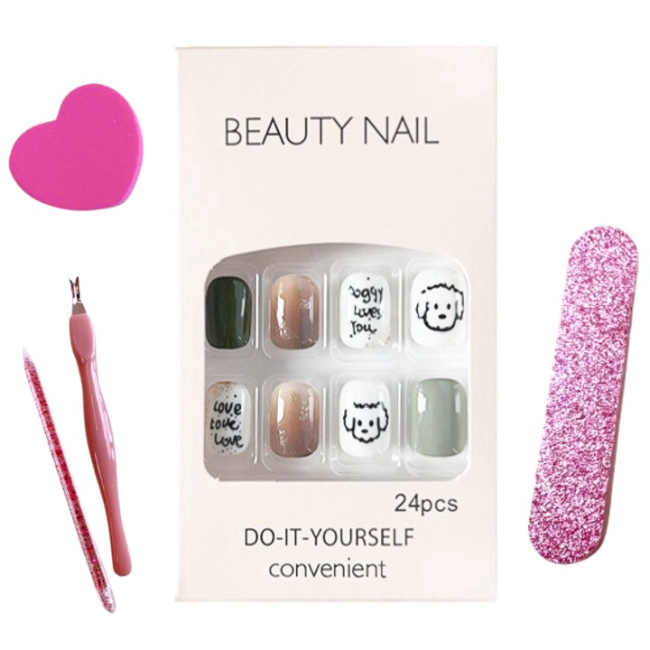 FanFox egyszínű műköröm szett, 24 db, kiskutya, sötétzöld, rövid, ragasztóval, 2 kétoldalas körömreszelő, hámlasztó olló, körömnyomó