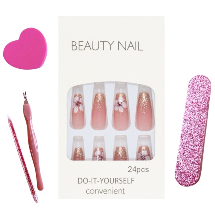 FanFox Egyszínű műköröm szett, 24 db, liliom, korall rózsaszín, hosszú körmök, ragasztóval, 2 kétoldalas körömreszelő, hámlasztó olló, körömnyomó