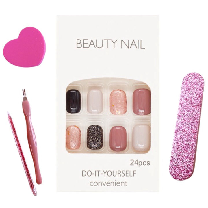 FanFox egyszínű műköröm szett, 24 db, Rock Star, barna, rövid, ragasztóval, 2 kétoldalas körömreszelő, hámlasztó olló, körömnyomó