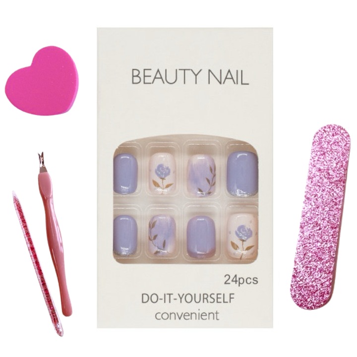 Set De Unghii False De Culoare Solida, FanFox™, 24 Buc, Lavanda, Violet, Scurte, Cu Adeziv, 2 Pile de unghii cu doua fete, Foarfece de exfoliere, impingator de unghii