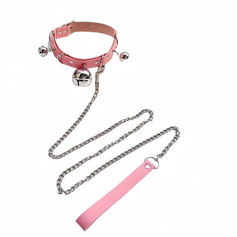 Set BDSM, zgarda roz cu clopotel si franghie de tractiune, 43x2.5cm, 1m ...