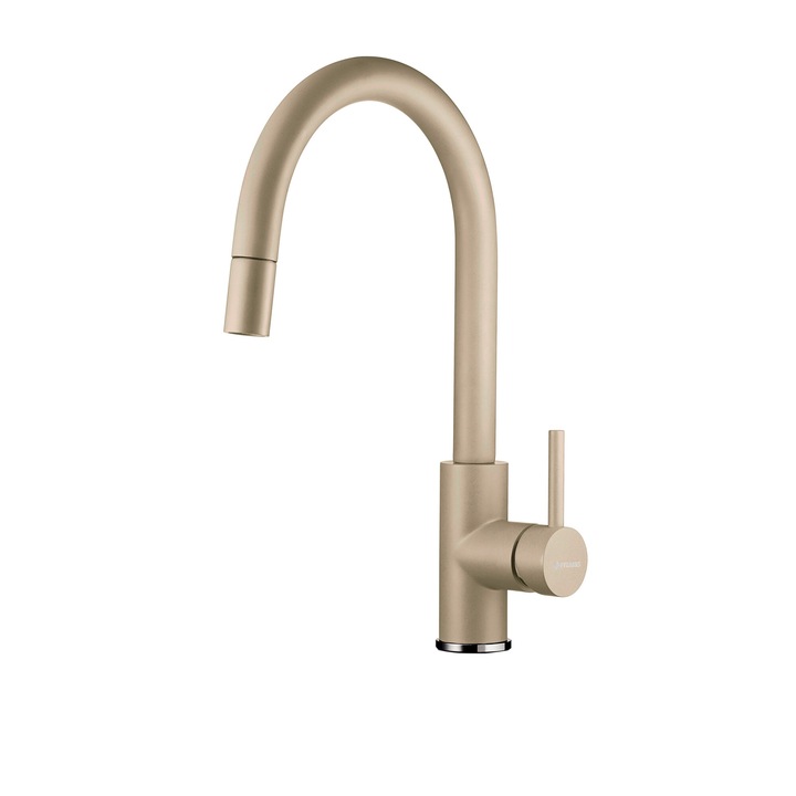 Baterie bucatarie Pyramis VERISMO, monocomanda, pipa inalta cu cap extractabil, aerator cu limitare de debit, finisaj Dark beige