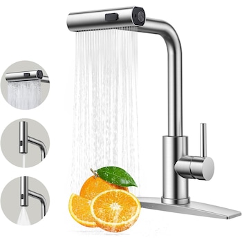 Baterie Chiuveta Bucatarie Argintie Elindor®, Robinet de Apa, Modern cu Pipa Flexibila, Cap Dus Extractabil cu Trei Functii: Cascada, Jet si Pulverizare, Monocomanda, Rotativ 360°, pentru Bucatarie, Otel Inoxidabil, Finisaj Mat