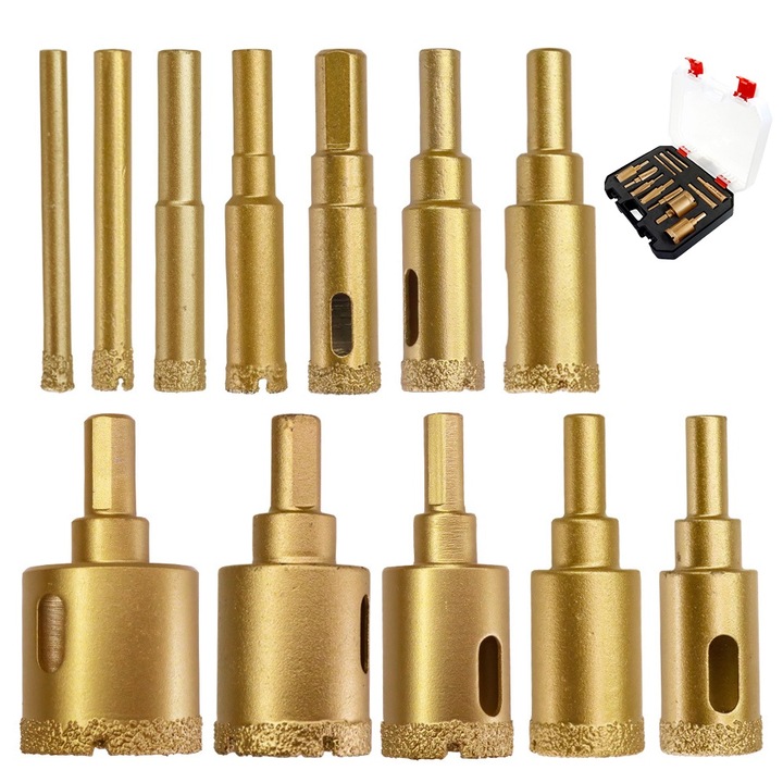 Set de burghie cu diamant Autocise, 12PCS 6x35mm, pentru ceramica, cutie de transport, aurie