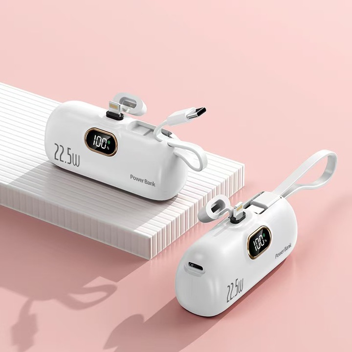 Baterie externa 10000mAh, incarcare rapida 22.5W, alb, dimensiuni 81x28x49mm