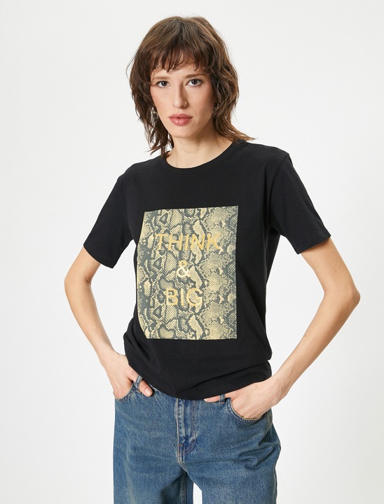 KOTON, Tricou de bumbac cu imprimeu, Negru, M